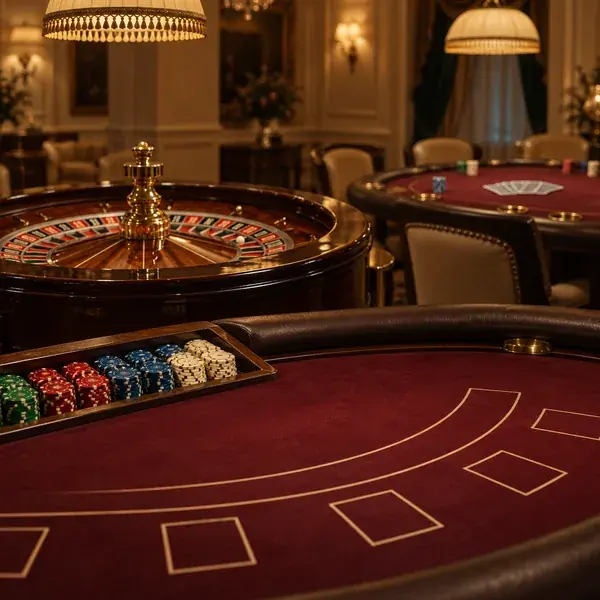 Blackjack-asztal posztóval és zsetontálcával, mögötte rulettkerék és pókerasztal