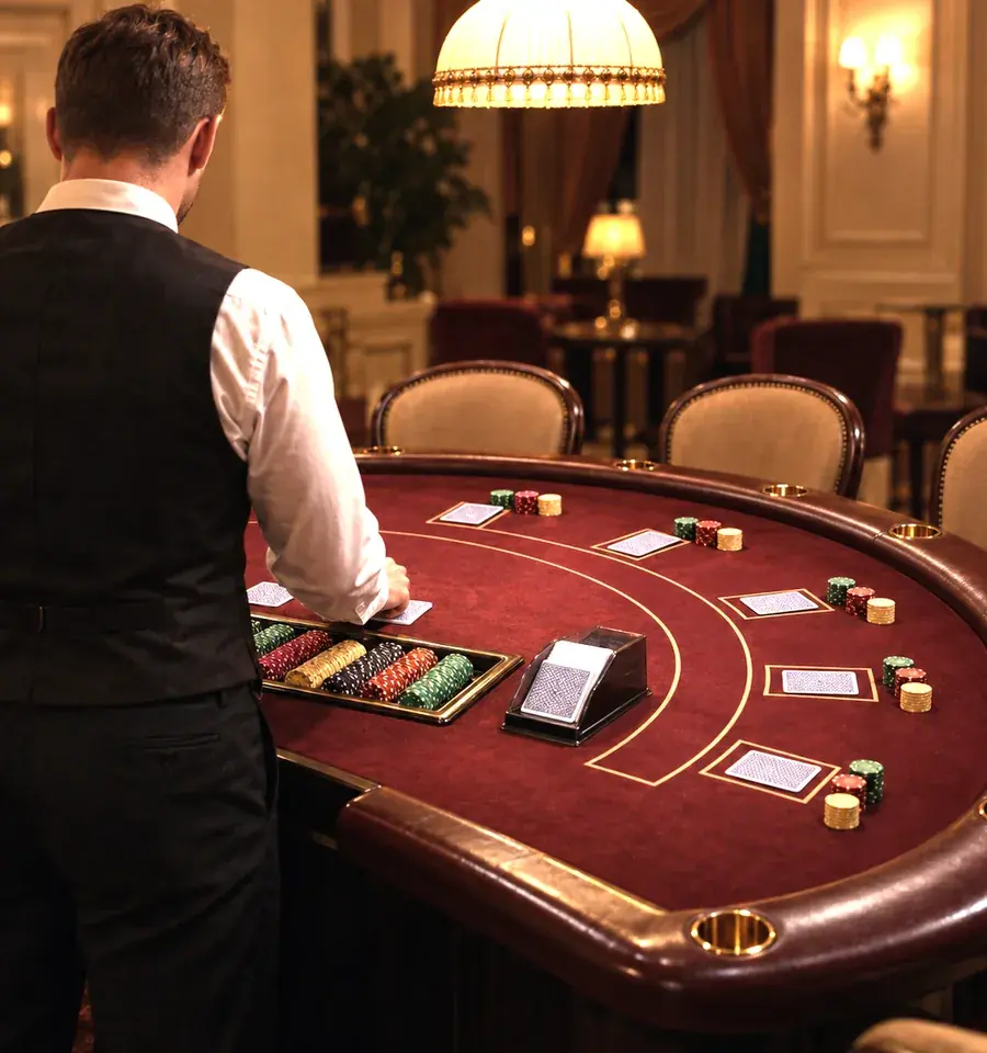 Osztó a blackjack-asztalnál, háttal, meleg lámpafényben